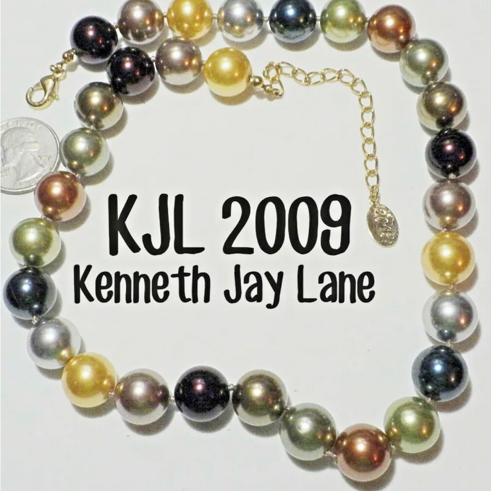 Signed KJL 2009 Stately Large MultiColor Glass Pearl Hand-Knotted Necklace 22.5"